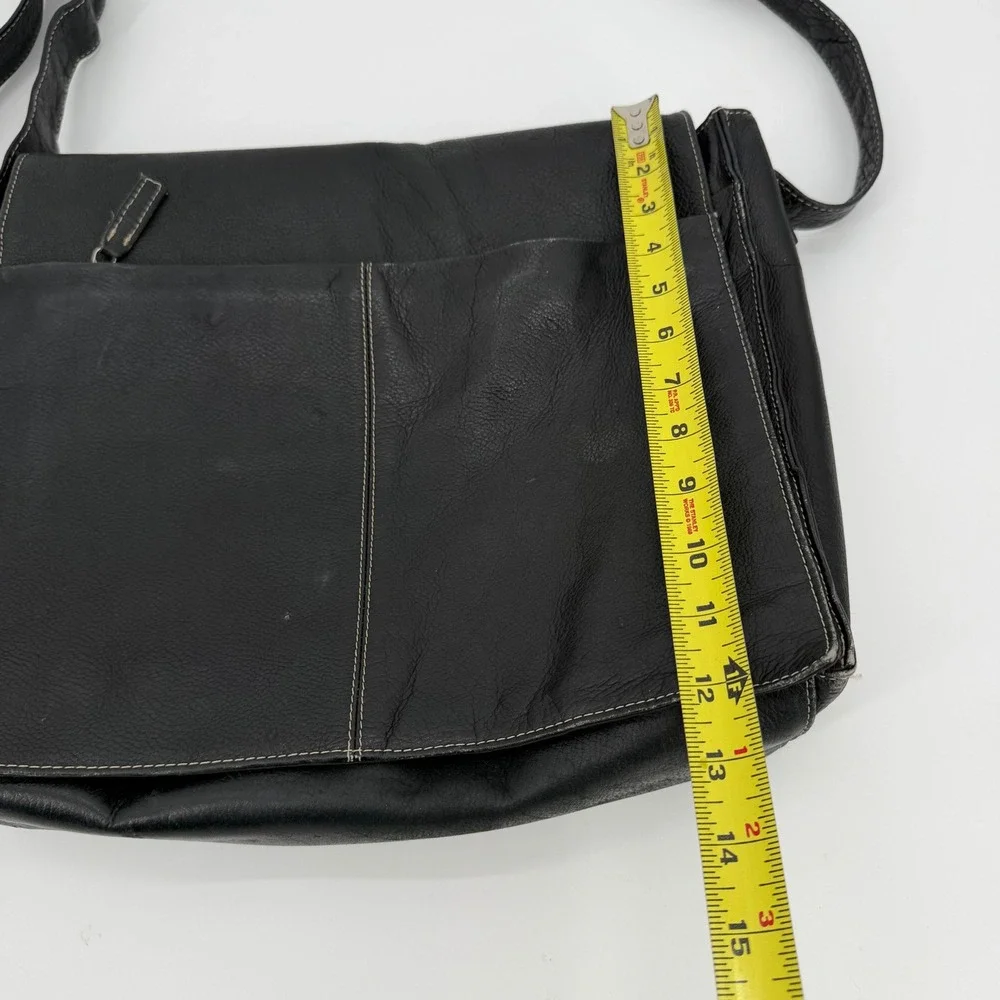 Black Genuine Leather Messenger Bag Crossbody White Stitching Organizer Pocket